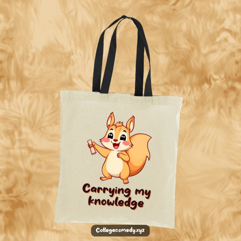 Funny, cheerful squirrel character jumping with a tiny diploma on a tote bag, ideal for carrying graduation mementos.